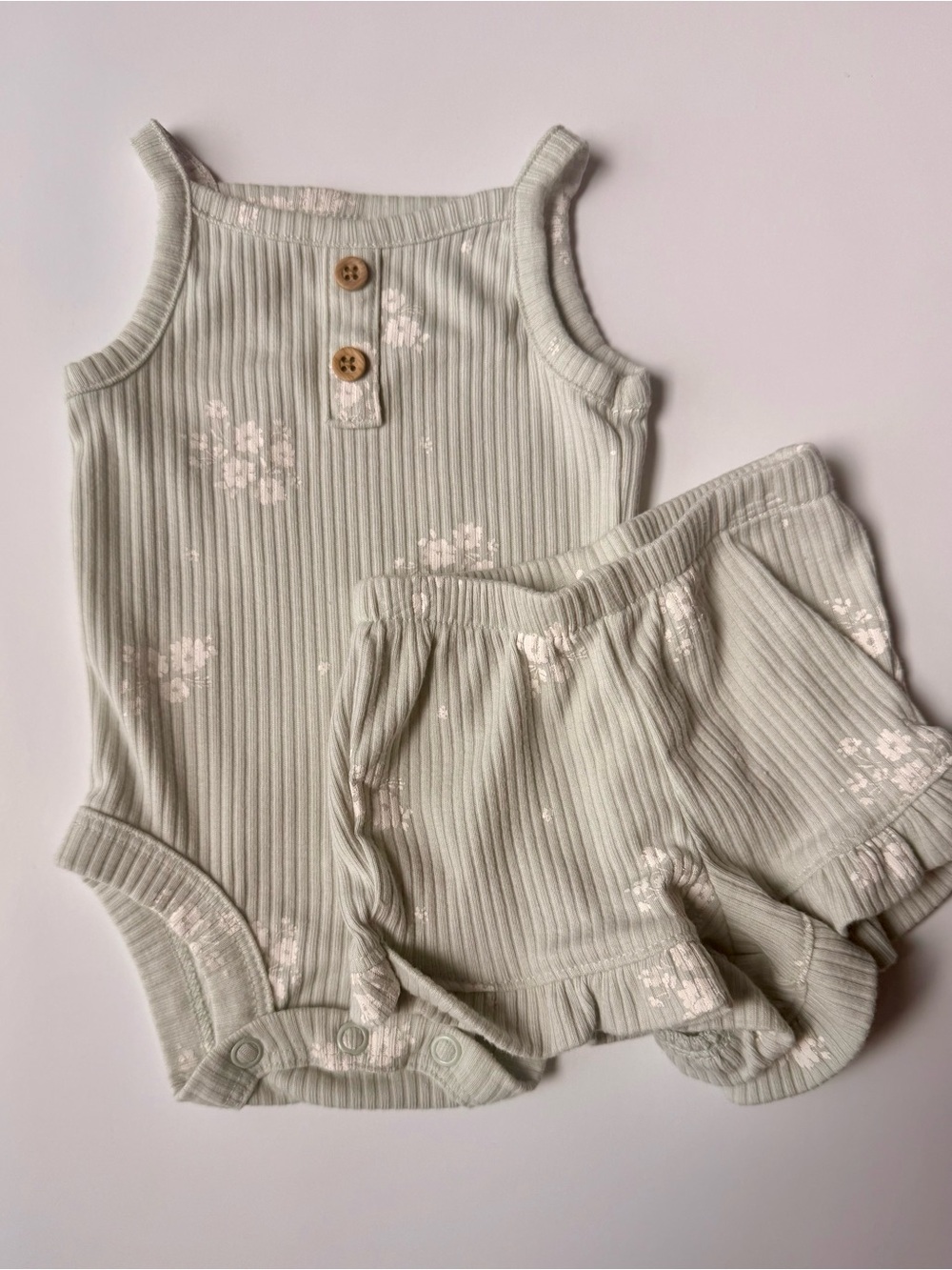 Carter's Sage Green Ribbed Tank Romper and Shorts Set with White Floral